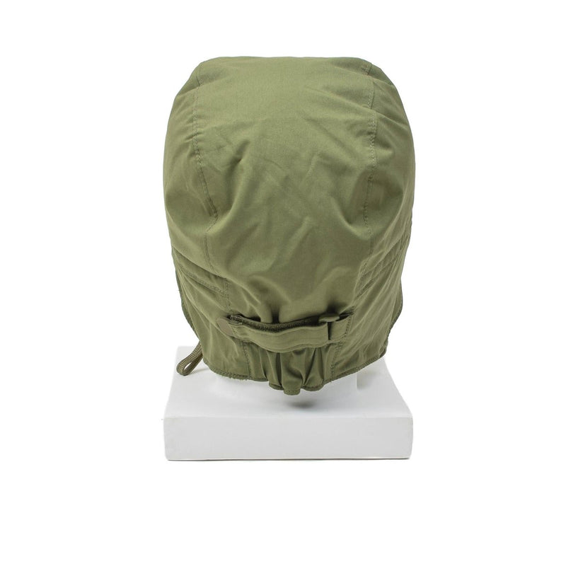 Olive green original Dutch paratrooper winter cap with adjustable ear flaps and windproof brim, shown from the back.