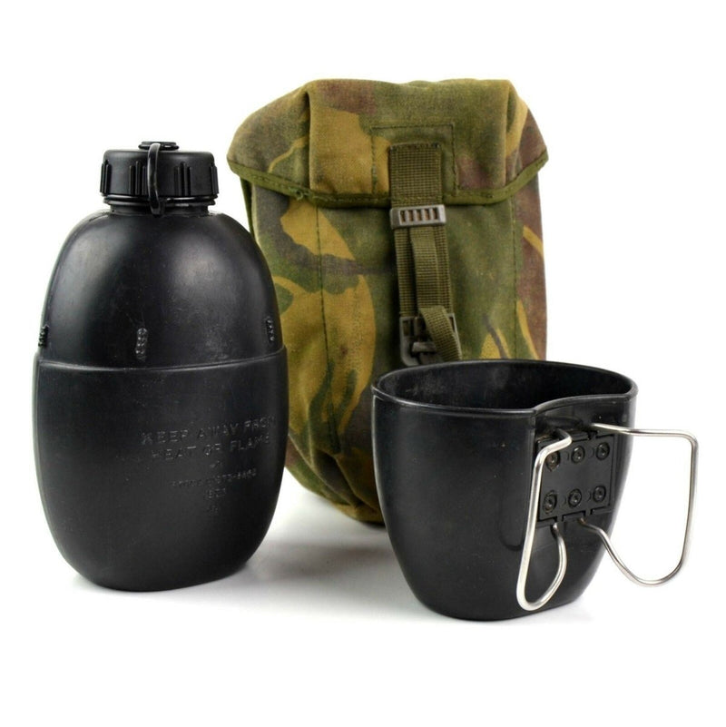Original British Army canteen with black water bottle, matching cup, and woodland camouflage pouch on white background