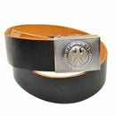 Black genuine leather German army belt with metal box frame buckle featuring eagle emblem and inscription.