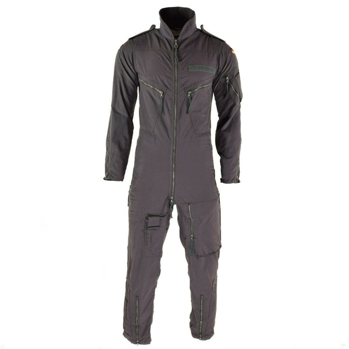 Original German army cotton pilot coverall with epaulets, zippered pockets, and German flag patch on sleeve.