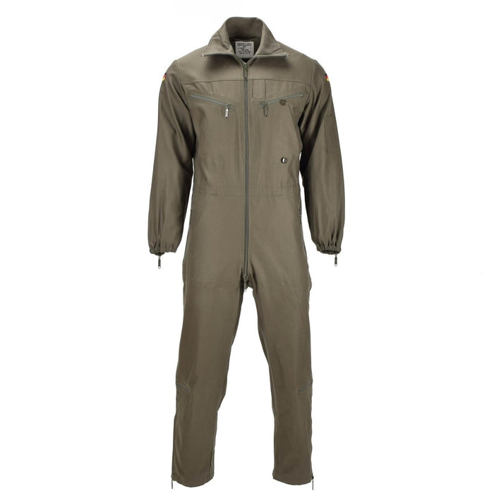 Olive green German army coverall with zippered front and pockets, adjustable waist, and German flag patches on sleeves.