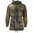 Original German army field jacket parka in flecktarn camo with hood and multiple pockets for outdoor use.