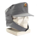 Original German Army Gebirgsjäger mountain cap grey with neck flap and floral badge on white mannequin head