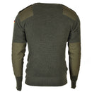 Back view of original German army green olive wool pullover with reinforced shoulders and elbows.