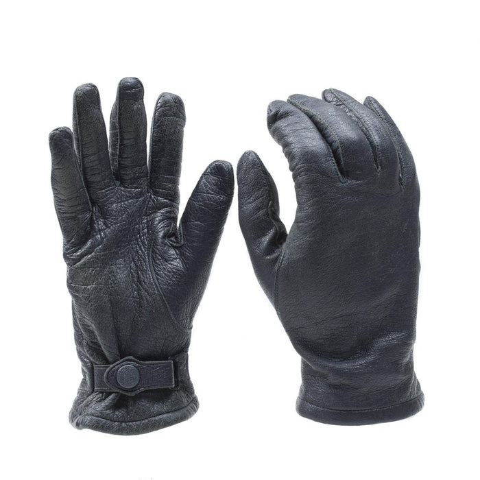 Schwarze deutsche Militärlederhandschuhe mit verstellbarer Handschlaufe, langlebig und für den Einsatz im Freien und mit Stil konzipiert.