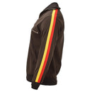 Side view of original brown German NVA sports jacket with red and yellow stripe on sleeve and zippered chest pocket