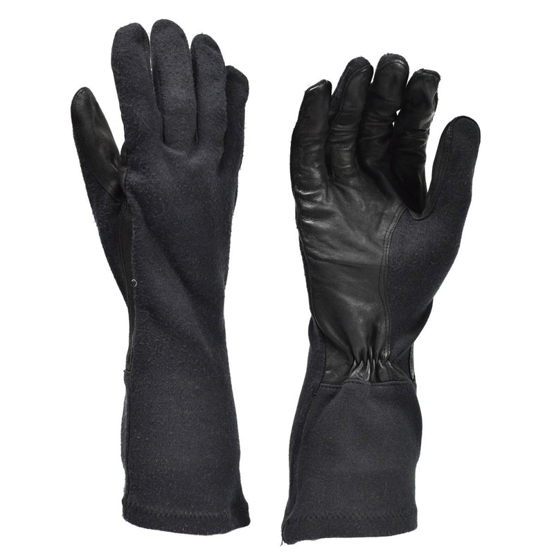 Original German army black aramid heat resistant tactical gloves with leather palms and extended forearm protection