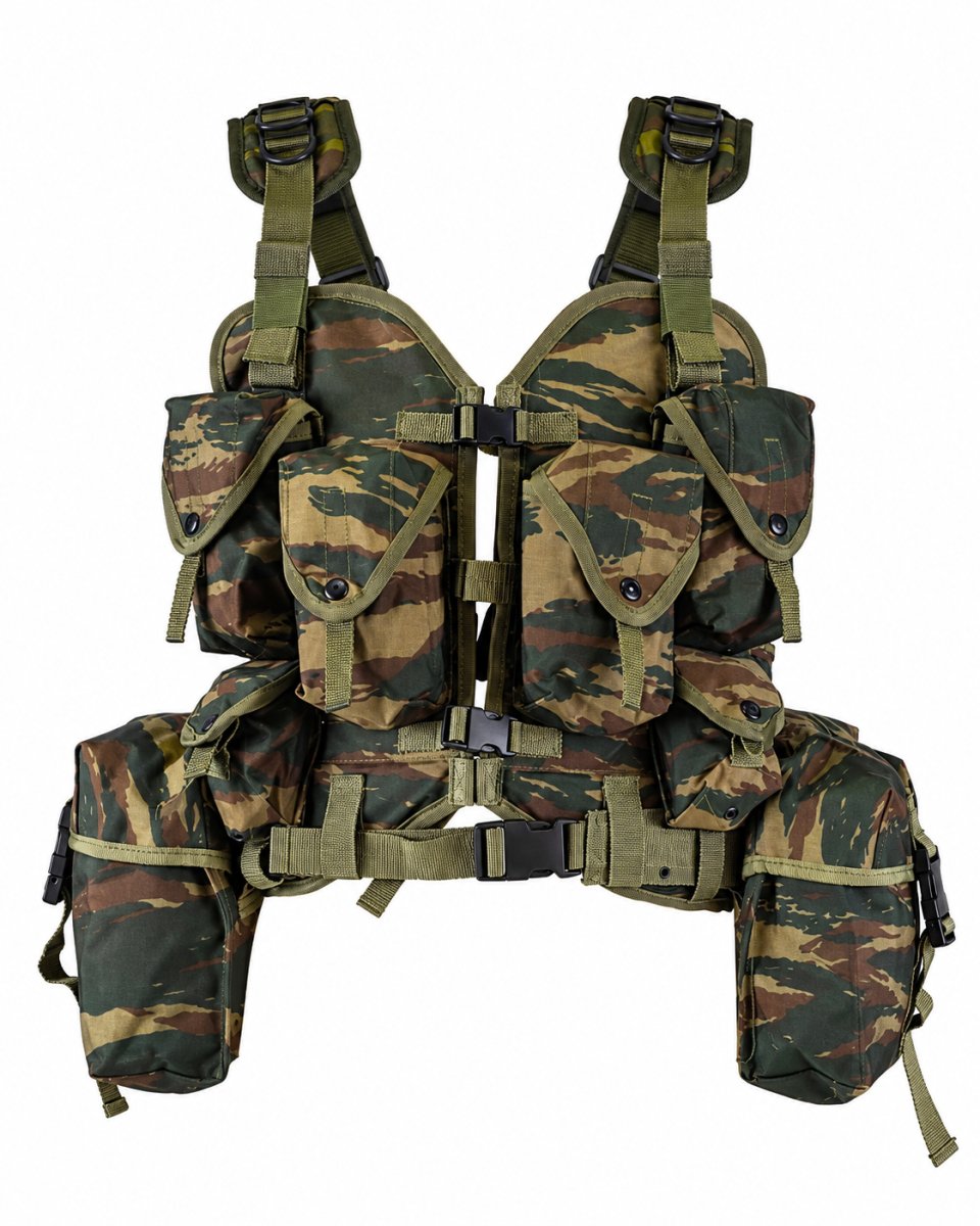 Originale taktische tragende Weste der griechischen Armee, 8-teilig, Eidechsentarnung
