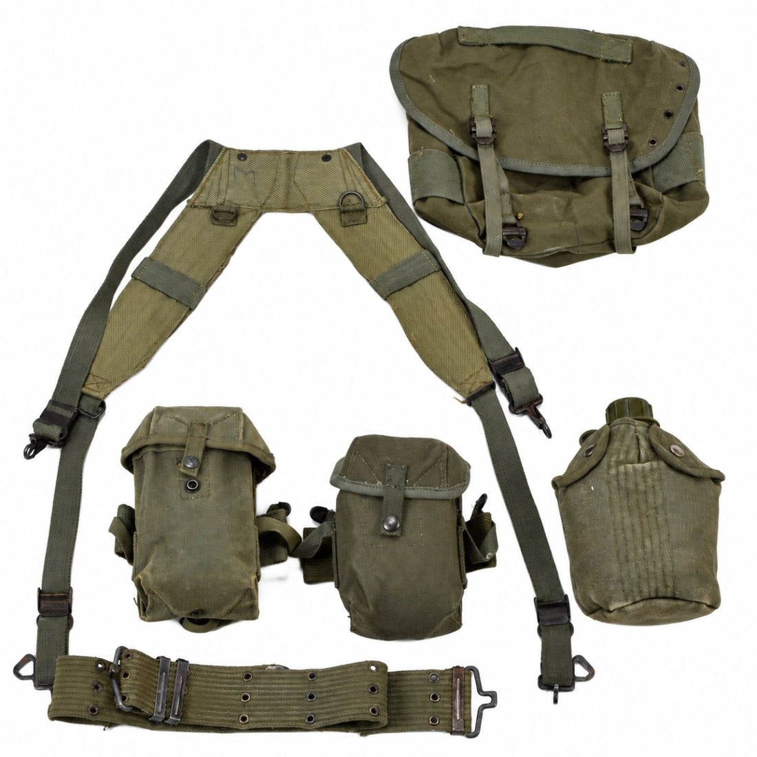 Original griechisches militärisches 7-teiliges tragendes Gurtband-Set im M56-Stil, Olivgrün