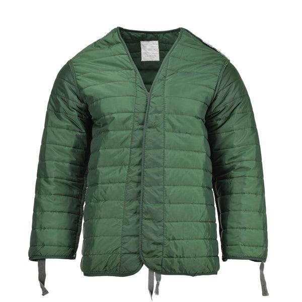 Original Greek military M65 green quilted liner jacket with long sleeves and front ties for warmth and layering