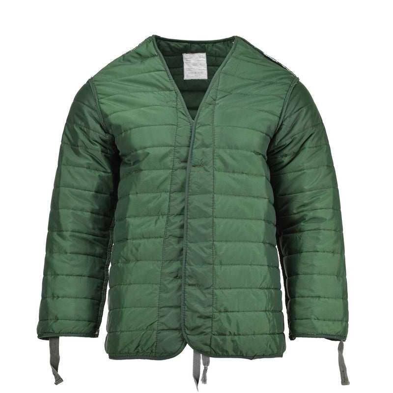 Original Greek military M65 green quilted liner jacket with long sleeves and front ties for warmth and layering