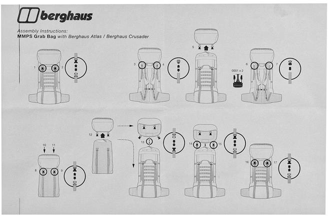 Instructional diagram for assembling Berghaus MPPS Grab Bag with Berghaus Atlas and Crusader backpacks.