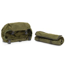 Original Holland Dutch military olive green backpack with shoulder straps shown open and folded for compact storage