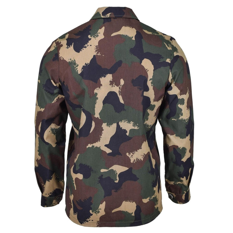 Back view of original Hungarian Army camouflage combat field blouse shirt in green, brown, black, and tan colors.