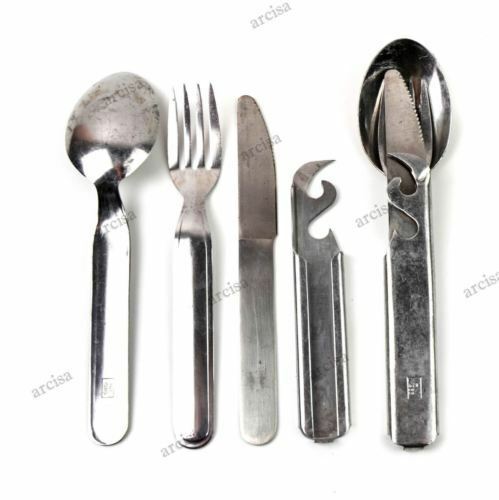 Original ungarisches 4-teiliges Militärbesteck mit Löffel, Gabel, Messer und Dosenöffner aus Edelstahl für den Außenbereich.