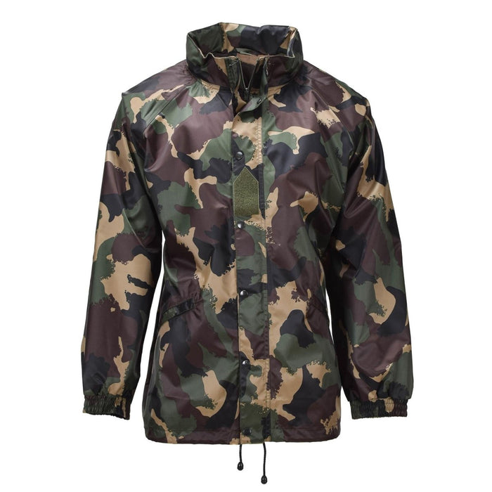 Original ungarische militärische wasserdichte Jacke mit aufrollbarer Kapuze, Knopfleiste, M93-Camouflage im robusten Militär-Überschuss-Camping-Ausrüstungsstil