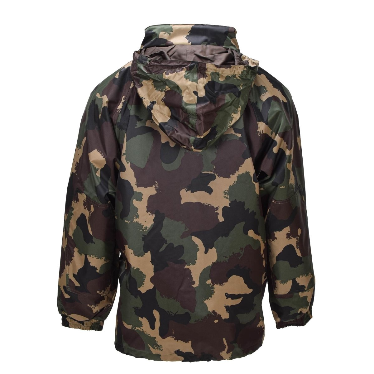 Original ungarische militärische wasserdichte Jacke mit aufrollbarer Kapuze, Knopfleiste, M93-Camouflage