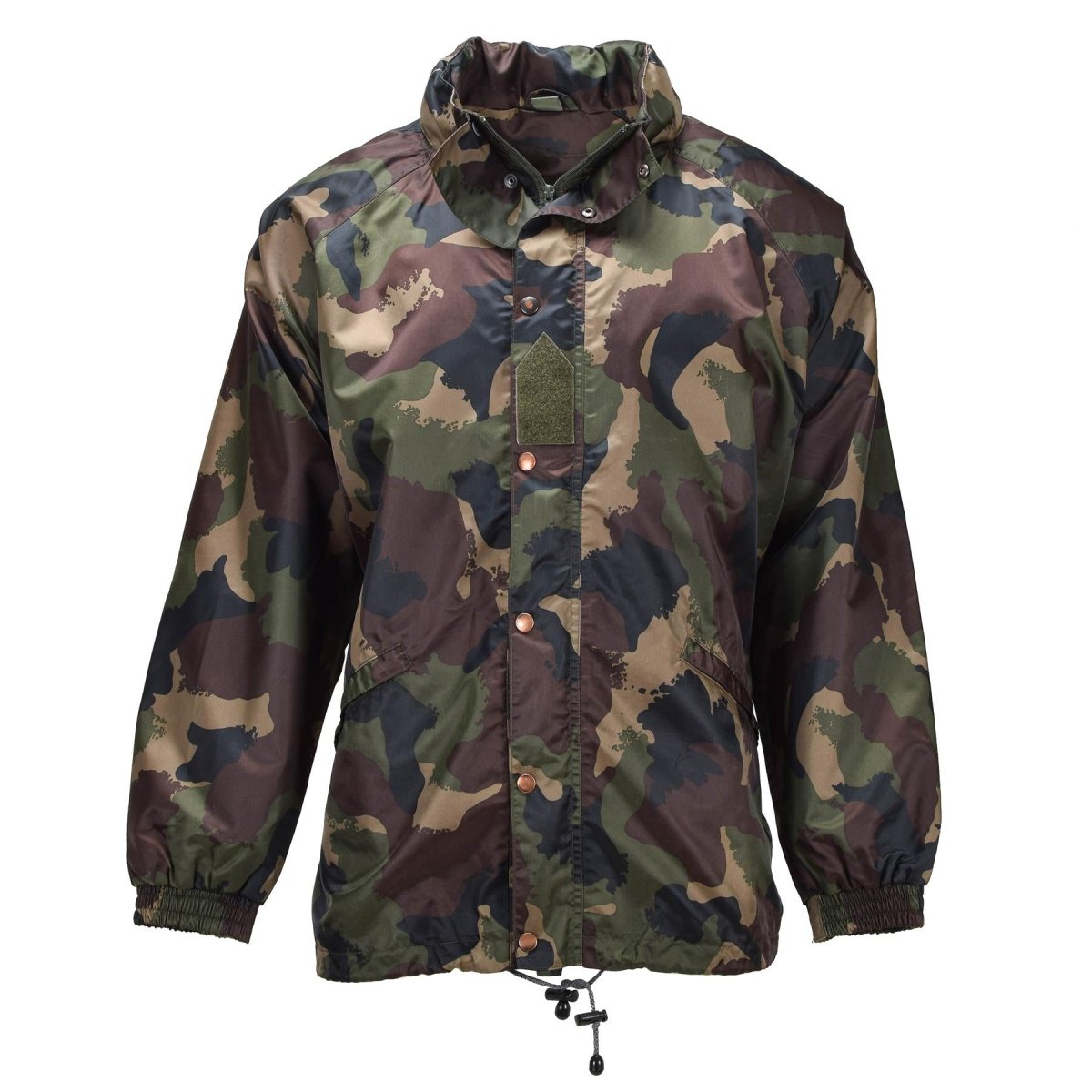 Original ungarische militärische wasserdichte Jacke mit aufrollbarer Kapuze, Knopfleiste, M93-Camouflage