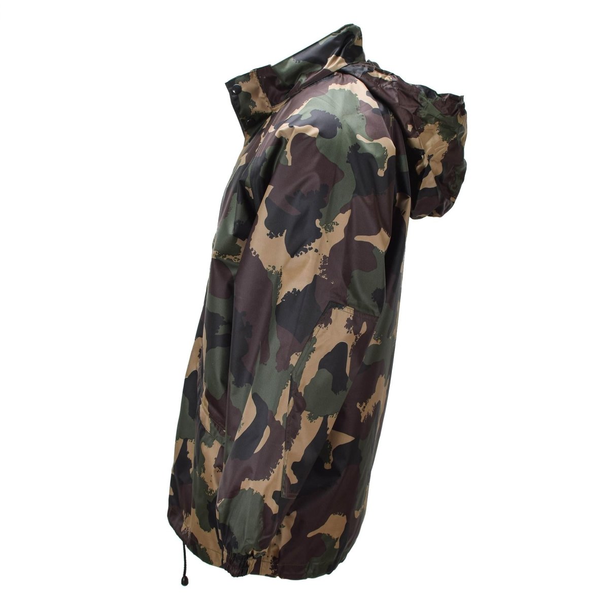 Original ungarische militärische wasserdichte Jacke mit aufrollbarer Kapuze, Knopfleiste, M93-Camouflage