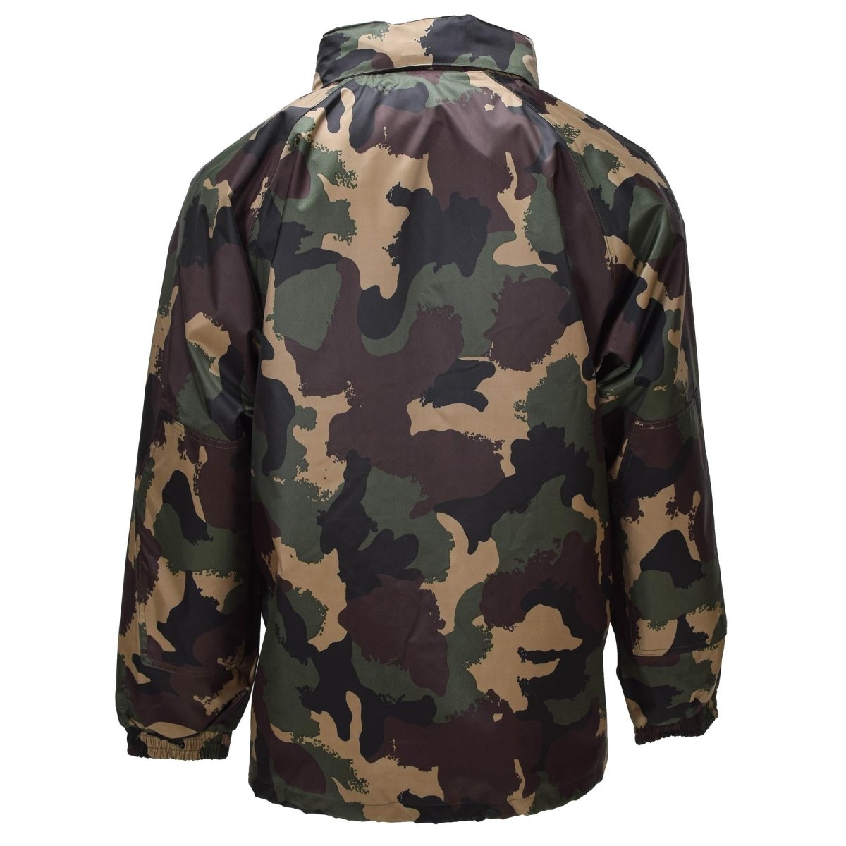 Original ungarische militärische wasserdichte Jacke mit aufrollbarer Kapuze, Knopfleiste, M93-Camouflage