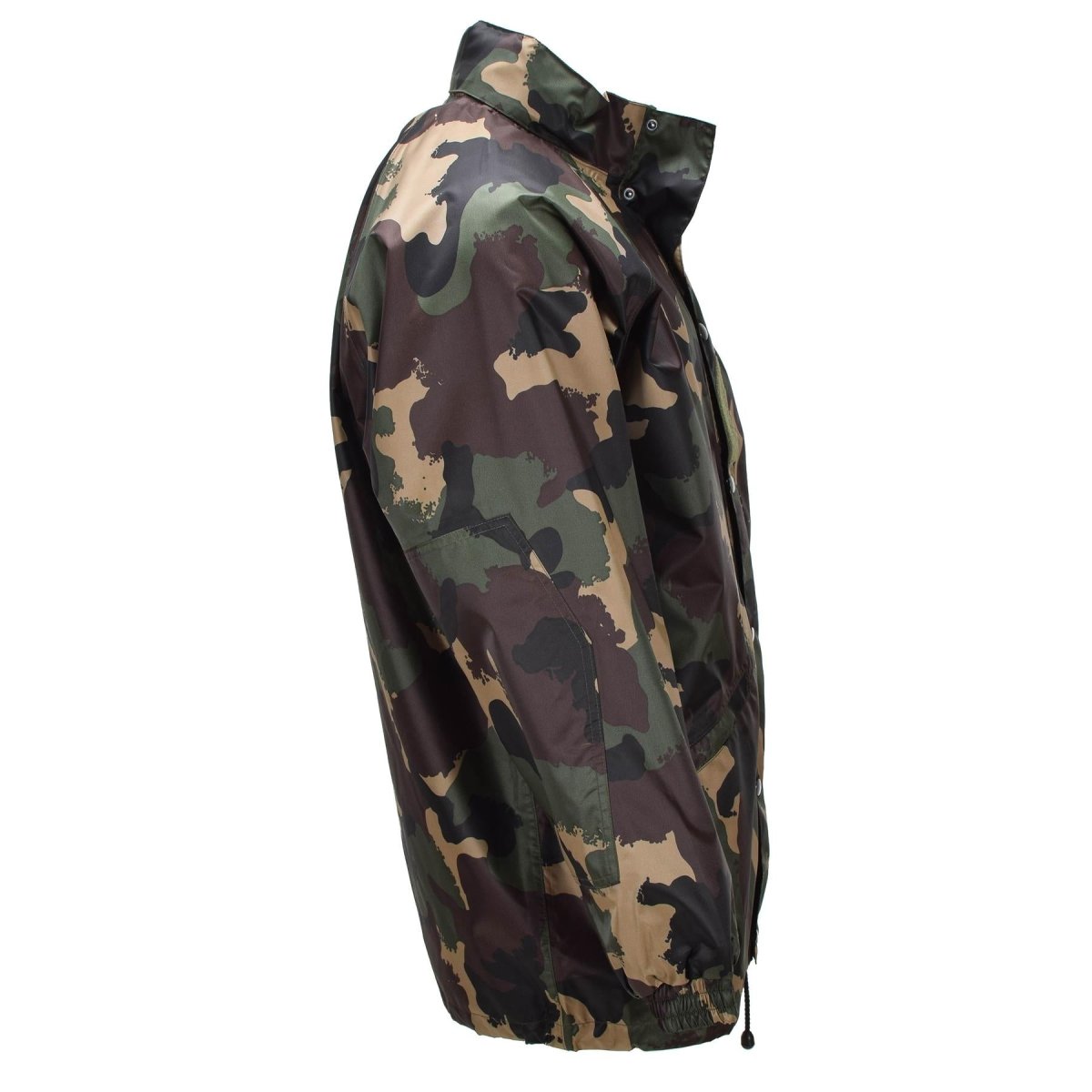 Original ungarische militärische wasserdichte Jacke mit aufrollbarer Kapuze, Knopfleiste, M93-Camouflage