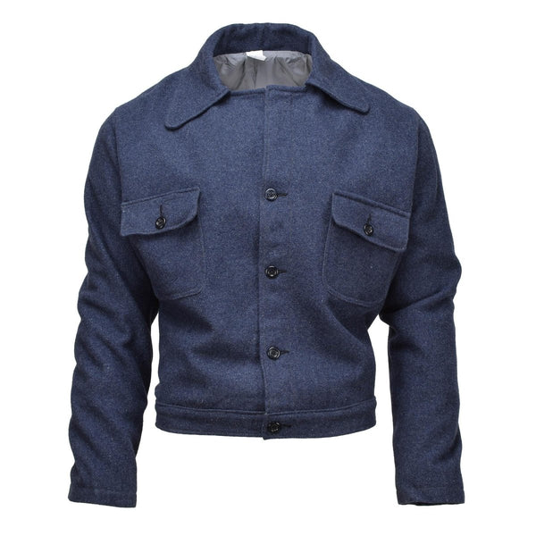 Original Italian army vintage Ike-style blue wool jacket with buttoned pockets and tailored fit uniform design