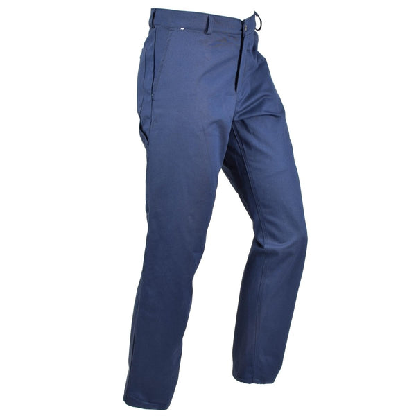 Blue Italian military work pants made of durable cotton with functional pockets and sturdy construction.
