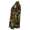 Side view of original Italian military combat jacket in lightweight woodland camo with Italia patch on sleeve