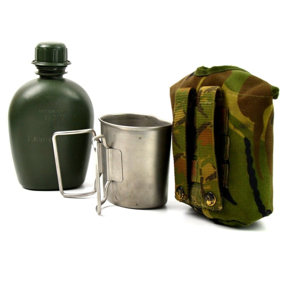 Original niederländische Feldflasche der niederländischen Armee mit Tasse und Camouflage-Hülle