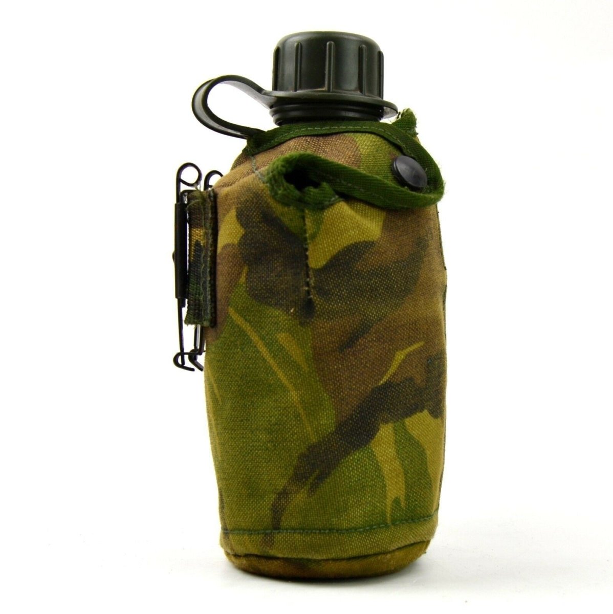 Original niederländische Feldflasche der niederländischen Armee mit Tasse und Bezug, Alice-Clips
