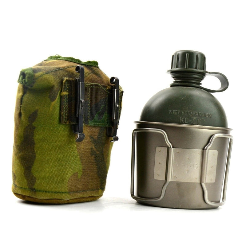 Original Netherlands Dutch Army canteen with metal cup and camouflage cover featuring Alice clips for secure attachment