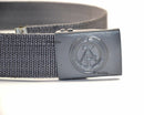 Original East German military grey canvas belt with box buckle featuring East German insignia symbol.