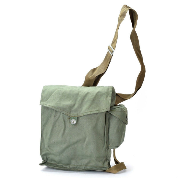Vintage Soviet-era Polish OM-14 gas mask carrying bag with adjustable strap, military green canvas shoulder pouch.