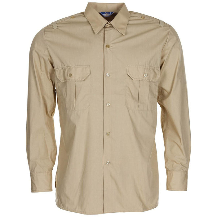 Original spanisches Militär-Langarm-Felddienst-Arbeitshemd. Leichtes Khaki aus strapazierfähigem Polyester-Mischgewebe für taktische und Outdoor-Ausrüstung
