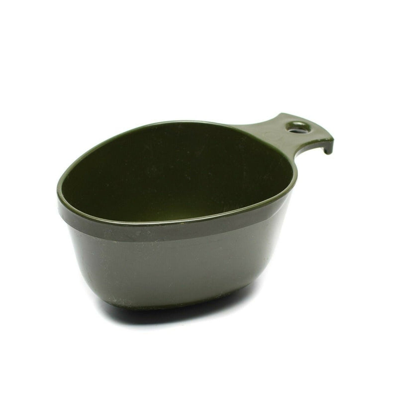 Swedish military issue durable green plastic cup with handle for camping, hiking, and outdoor use, fits Trangia cooking set.