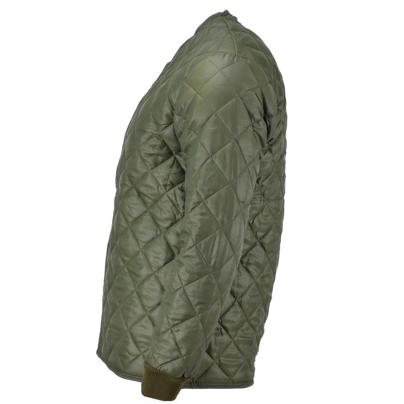 Olive green quilted Swedish army parka liner jacket with diamond stitching for cold weather insulation