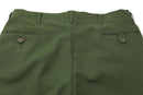 Back view of original Swedish military green formal pants with buttoned back pockets and belt loops