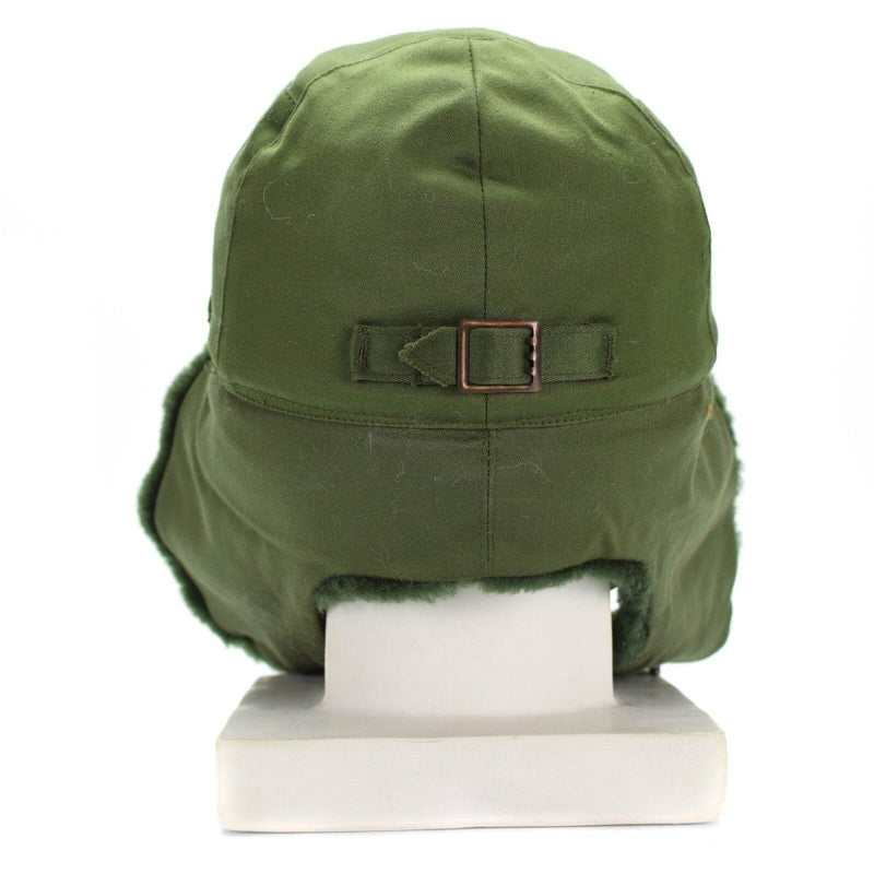 Original Swedish Army green M59 winter combat field cap with earflaps and durable cold-weather insulation lining
