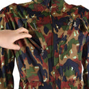 Close-up of Swiss army Alpenflage coverall suit with zippered chest pockets and camouflage pattern.