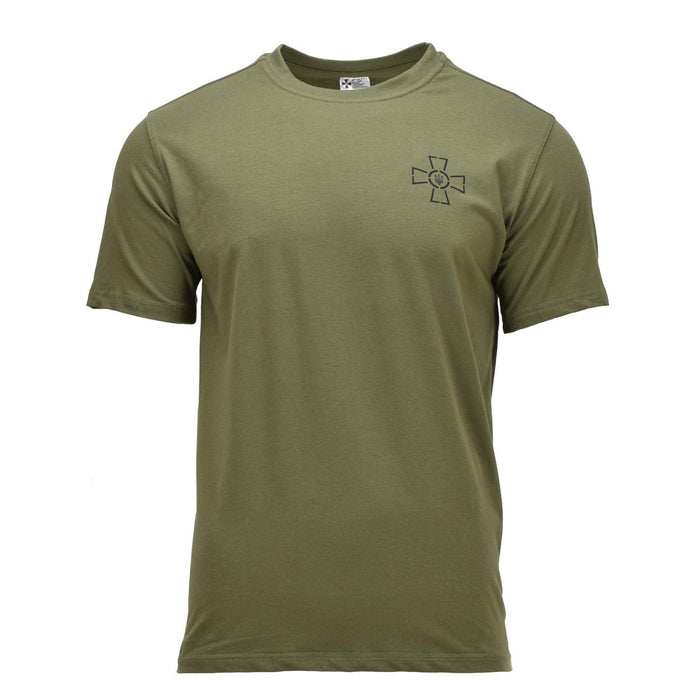 Olivgrünes, kurzärmliges Militär-T-Shirt mit Tryzub-Emblem der ukrainischen Streitkräfte auf der Brust, atmungsaktives Baumwollmischgewebe