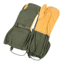 Original U.S. Army extreme cold weather mittens with trigger finger design and leather-reinforced palm in military green.