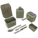 Original Yugoslavian military mess kit with canteen, pot, utensils, and carrying pouch for outdoor and survival use.