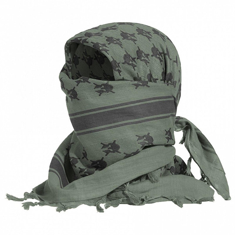 Green tactical headscarf with black patterns on a white background