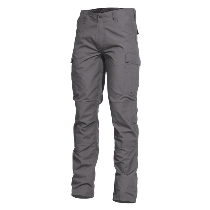 Graue Pentagon BDU 2.0 Cargo-Kampfhose mit verstärkten Knien, Reißverschluss im Hosenschlitz, mehreren Taschen und strapazierfähigem Ripstop-Material.