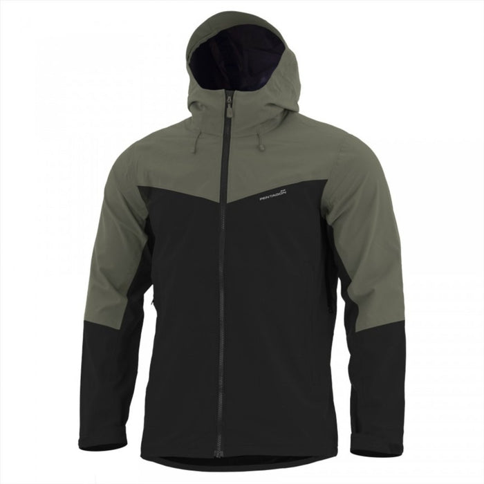 Leichte Pentagon Monlite WP Softshelljacke in Oliv und Schwarz, wasser- und winddicht mit Kapuze für den Outdoor-Einsatz