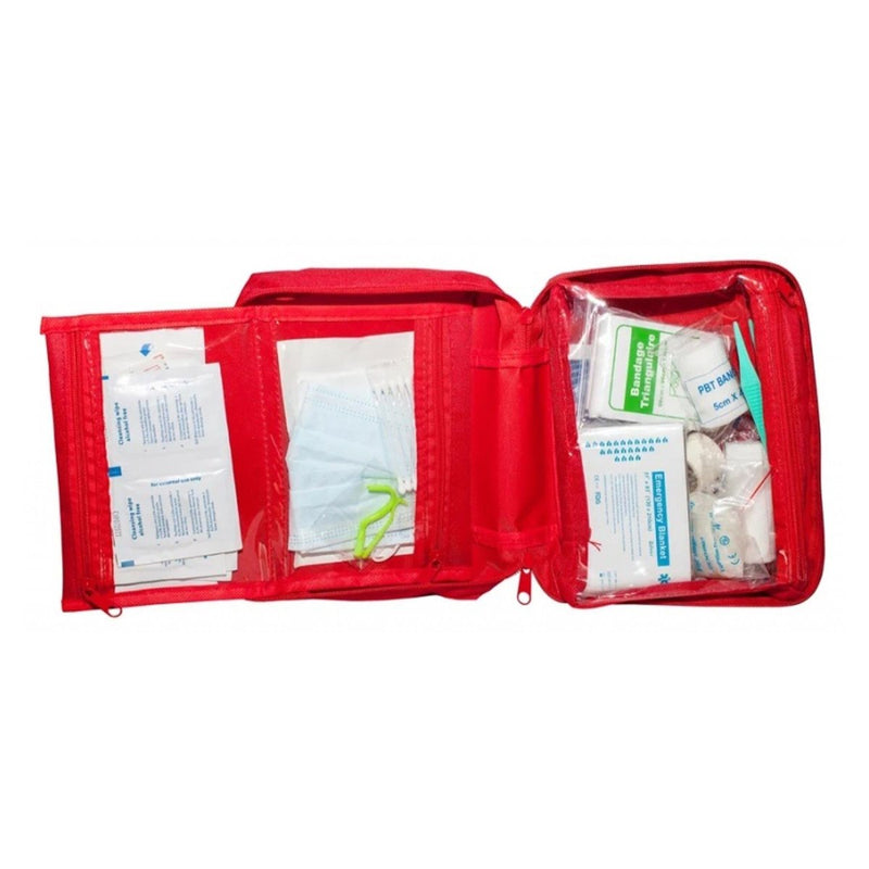 Open first aid kit with various supplies on a white background