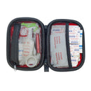 Open first aid kit with supplies on a white background