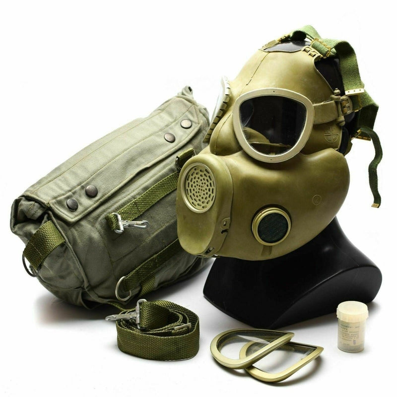 Polish Military MP-4 gas mask in grey olive with carrying bag, straps, and filter accessories on display.