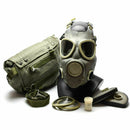 Polish Military MP-4 vintage gas mask in grey olive with carrying bag, filters, and accessories on white background