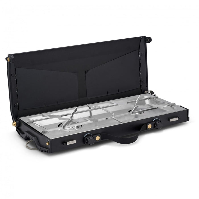 Portable Primus Alika dual burner outdoor camping stove with windscreen and stainless steel surface